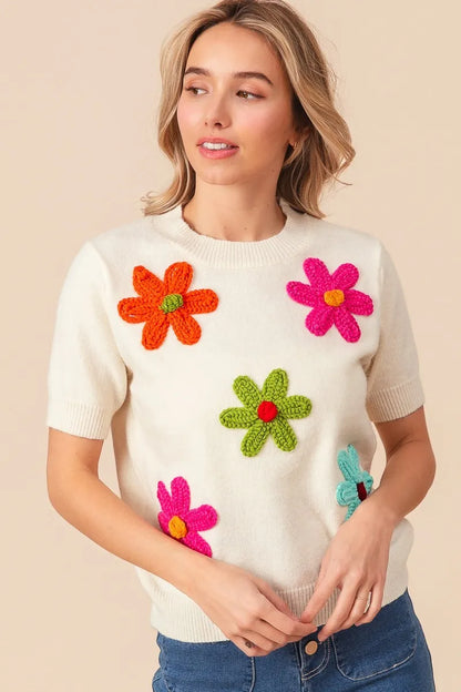 BiBi Crochet Daisy Patch Knit Sweater Top