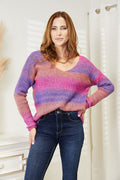 Angel Wings Multicolor Rib-Knit V-Neck Pullover Sweater Purple