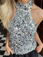 Devine Sequin Halter Neck Tank - Glamorous & Chic Silver