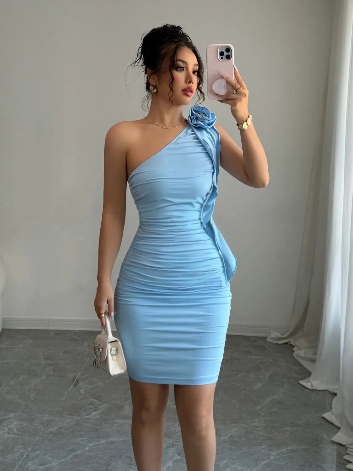 FloraEdge One Shoulder Asymmetrical Mini Dress