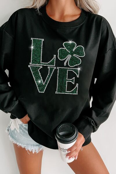 LOVE Rhinestone Clover Sweatshirt - Sparkly, Comfortable, and Stylish Black
