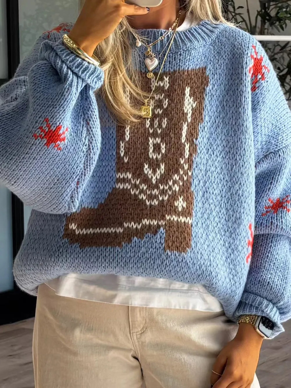 Boot Pattern Dropped Shoulder Round Neck Sweater Light Blue