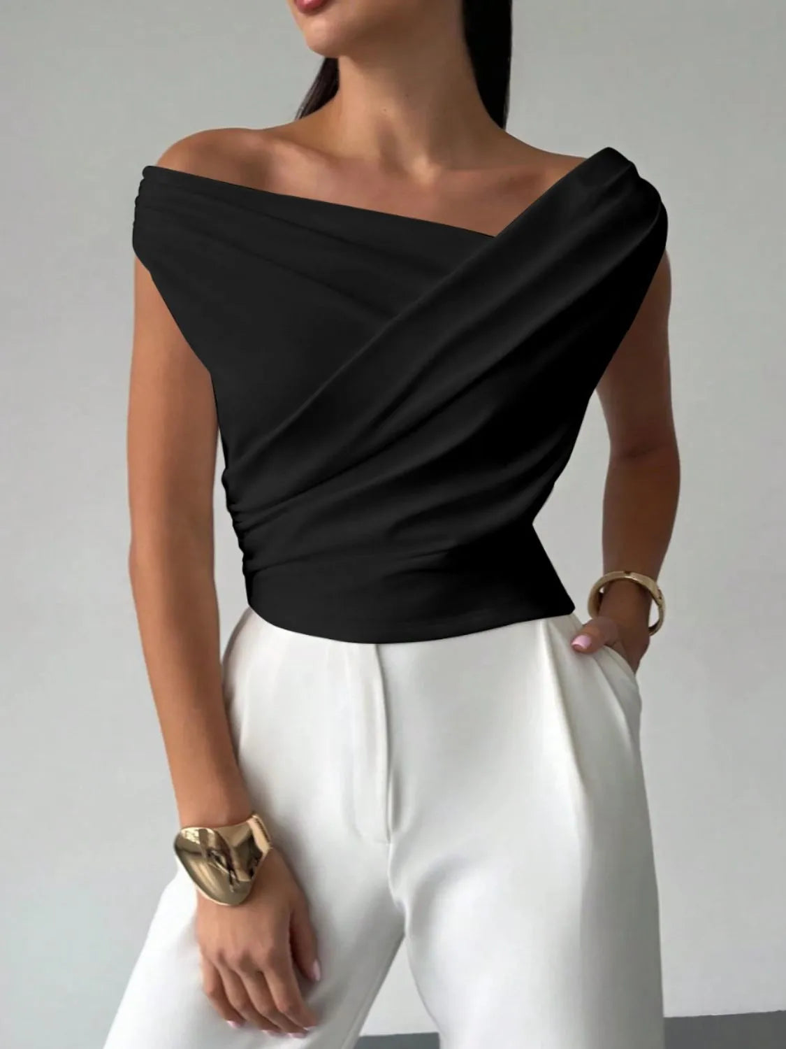 Asymmetrical Ruched Short Sleeve Top Black
