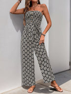 Perfee Printed Smocked Sleeveless Jumpsuit
