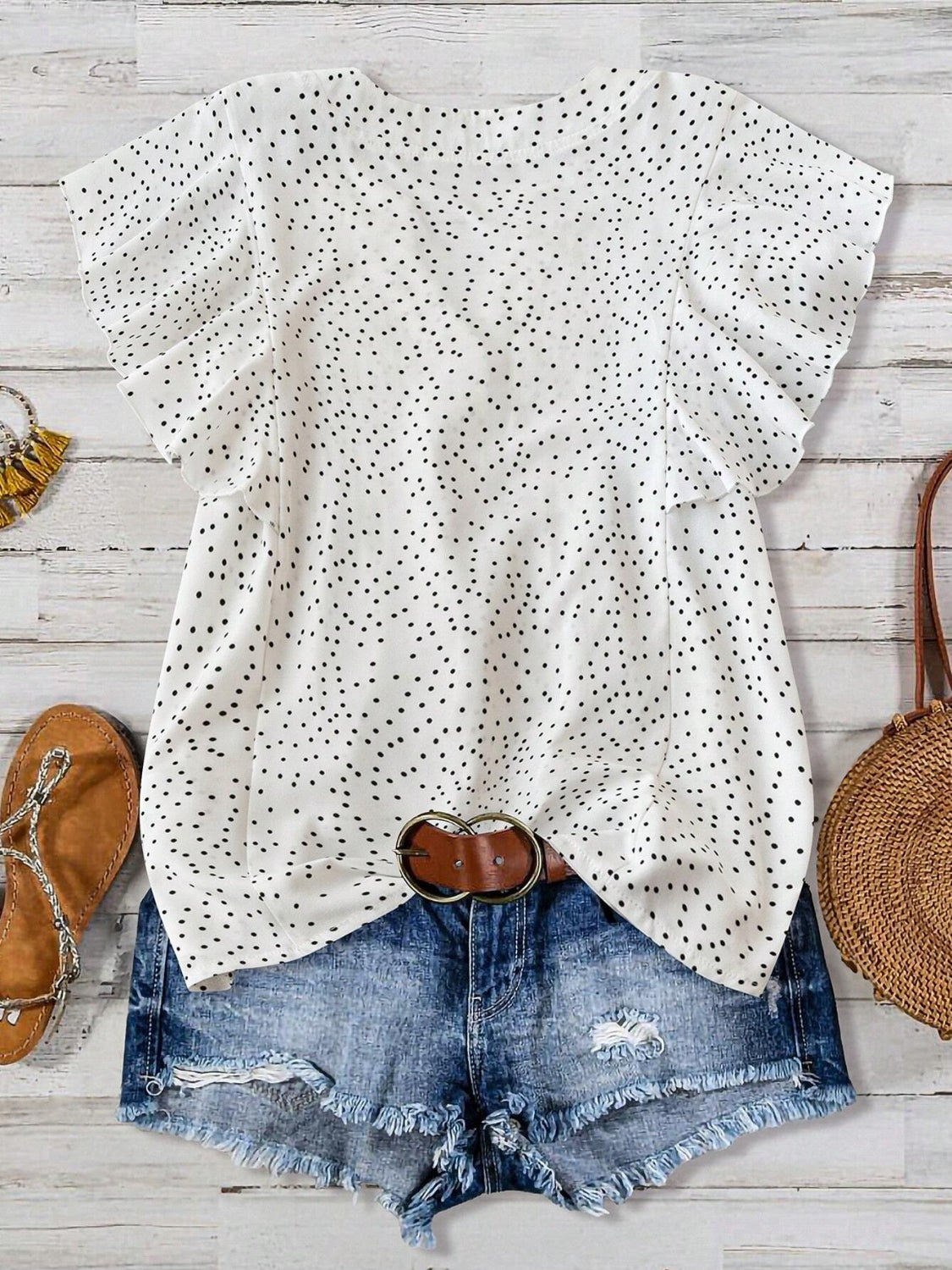 Polka Dot Ruffled Cap Sleeve Blouse - Chic & Feminine