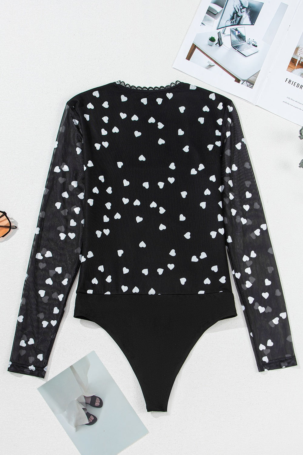 Heart Square Neck Long Sleeve Lace Detail Bodysuit