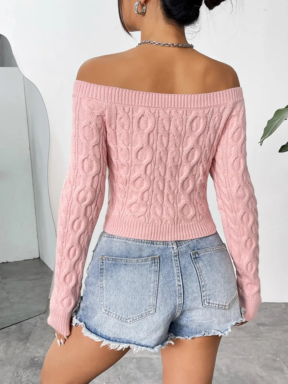 Off-Shoulder Cable-Knit Long Sleeve Sweater Top