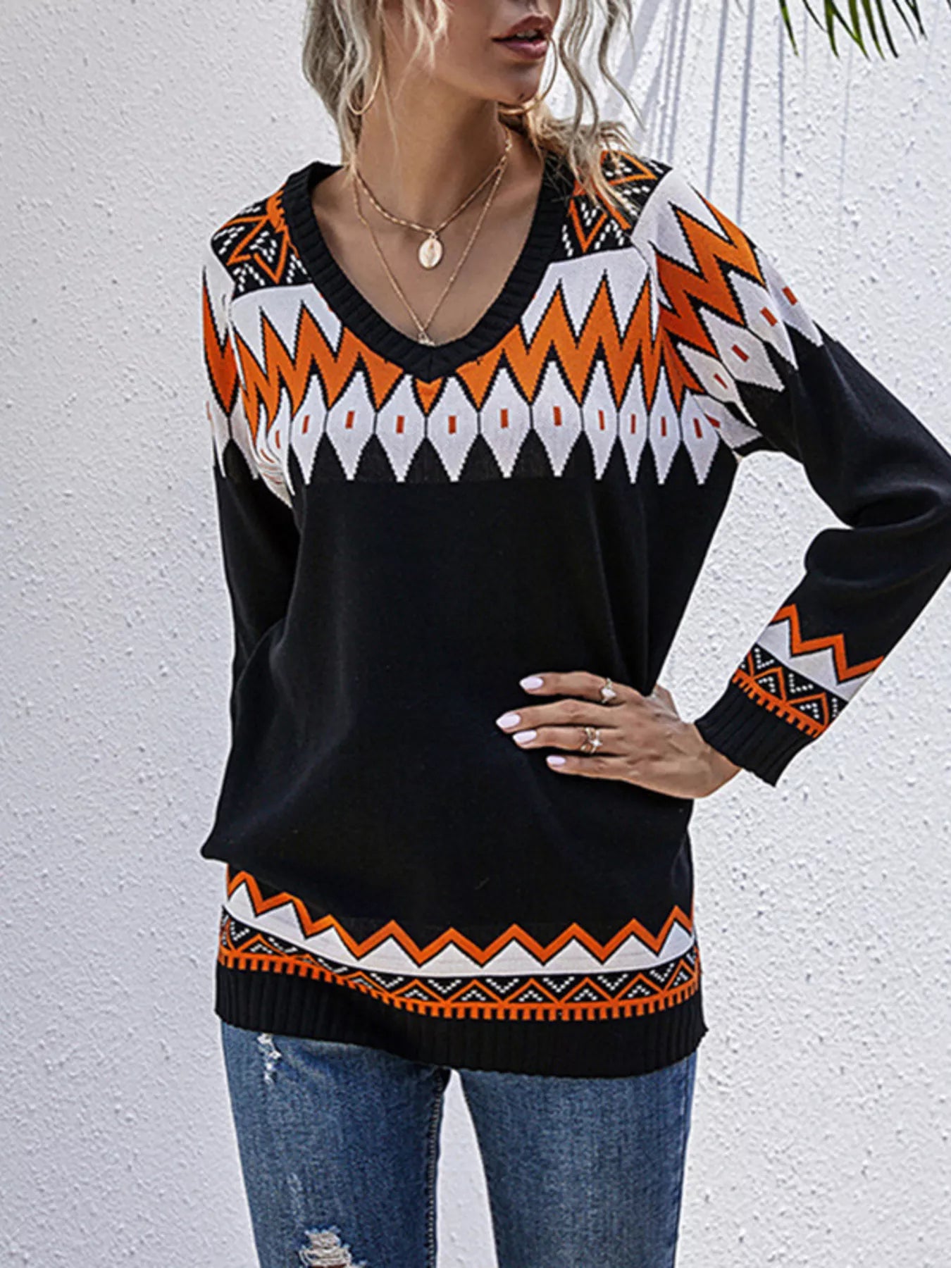 Cozy Geometric V-Neck Patterned Knit Sweater