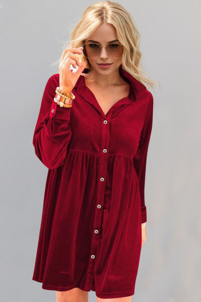 Oh Full Size Collared Neck Long Sleeve Mini Dress Deep Red