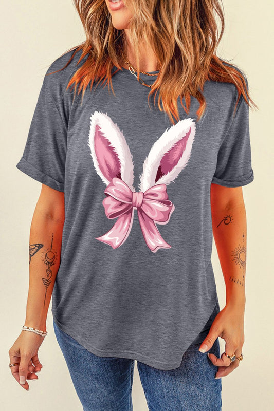Bunny Ear Bow Graphic Short Sleeve T-Shirt Gray