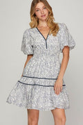 She + Sky Full Size Printed V-Neck Puff Sleeve Tiered Dress Light Gray