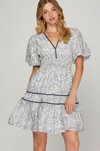 She + Sky Full Size Printed V-Neck Puff Sleeve Tiered Dress Light Gray