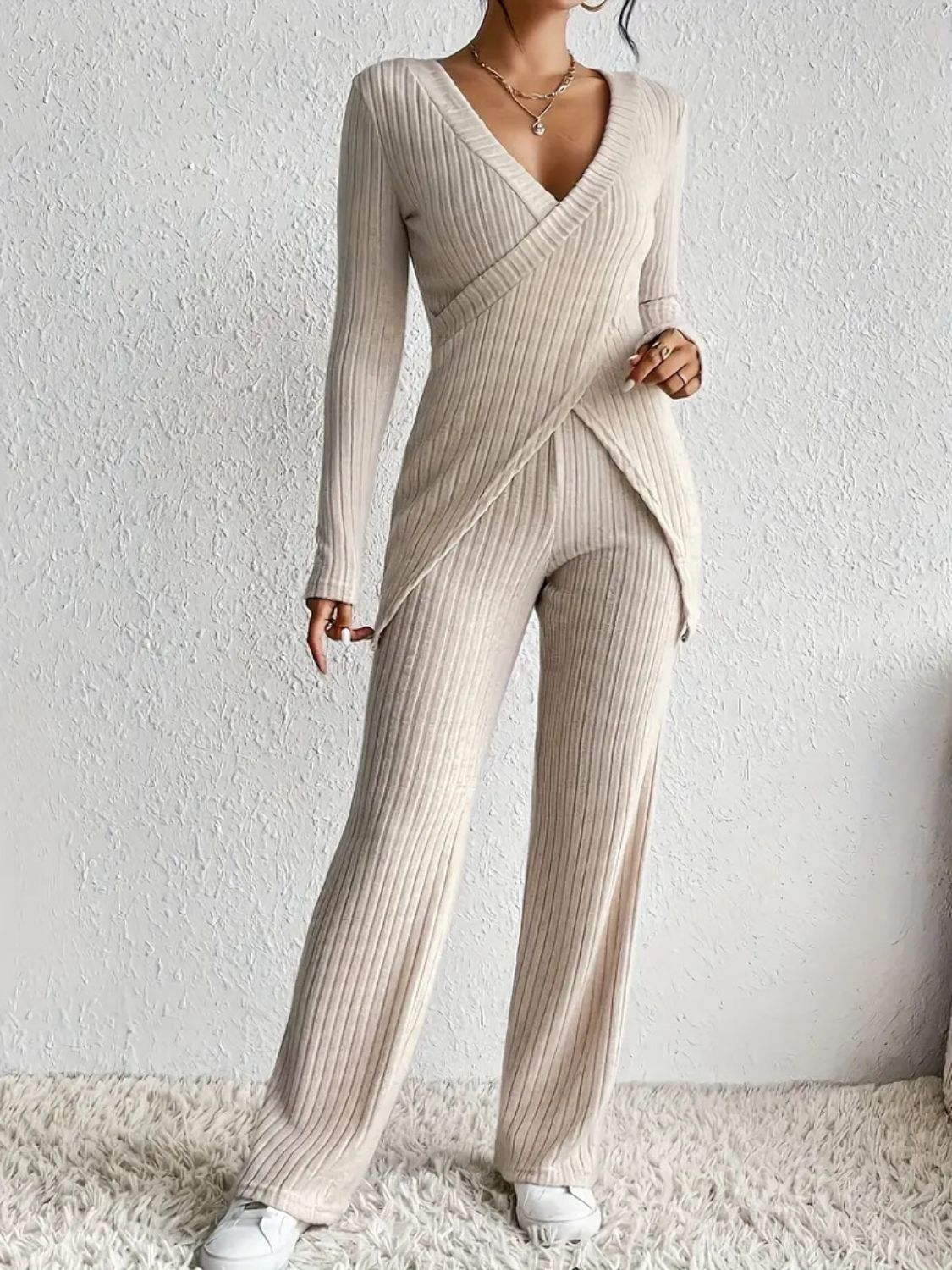 Surplice Long Sleeve Top & Pants Set - Chic Two-Piece Outfit Dust Storm