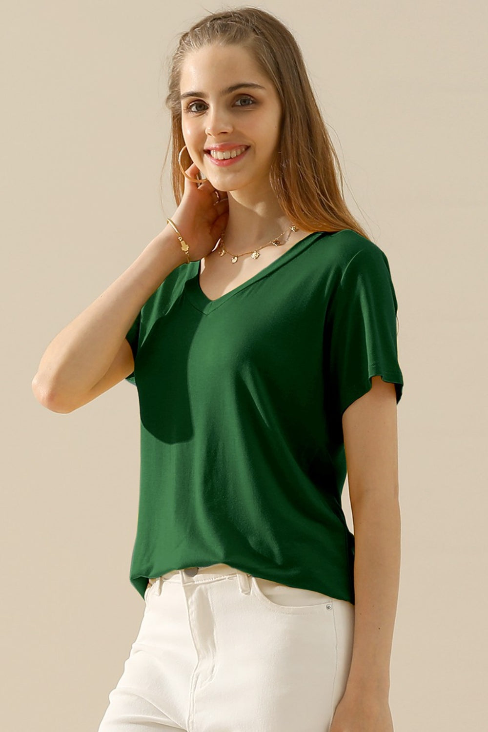 Ninexis Full-Size V-Neck Short-Sleeve T-Shirt Deep Green