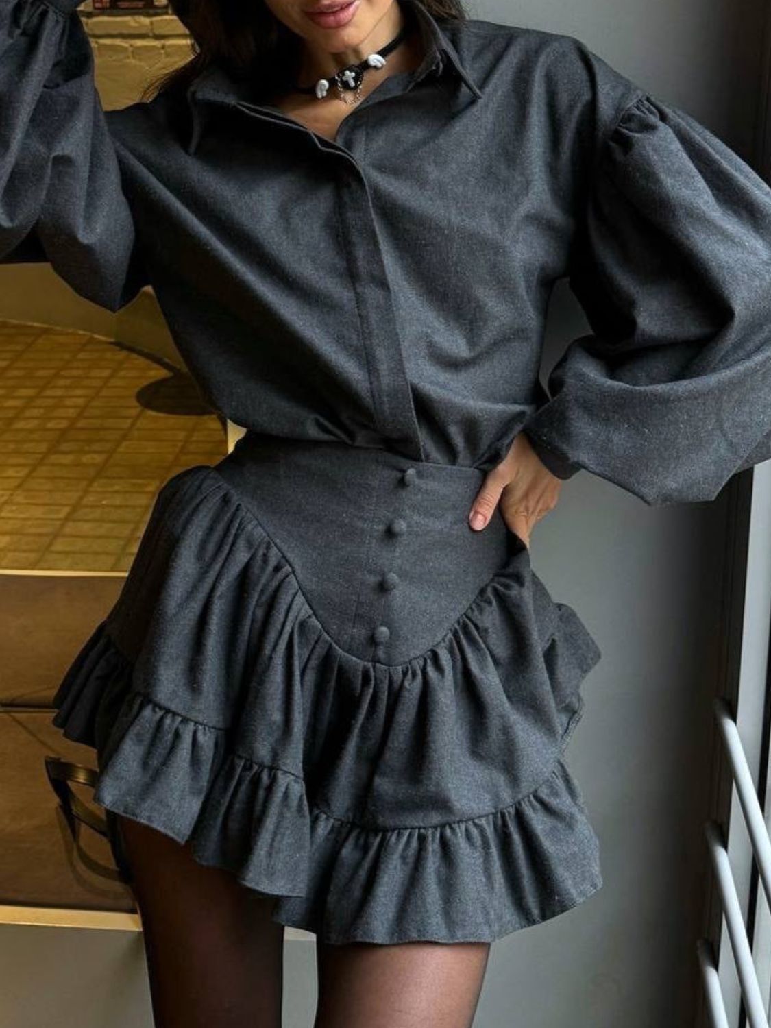 Lantern Sleeve Shirt & Ruffled Skirt Set - Chic & Feminine Dark Gray