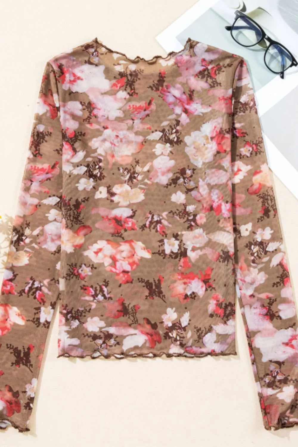 Chic Floral Mock Neck Sheer Long Sleeve Top