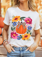 Pumpkin Floral Graphic Round Neck T-Shirt â€“ Soft Stretch & Everyday Style
