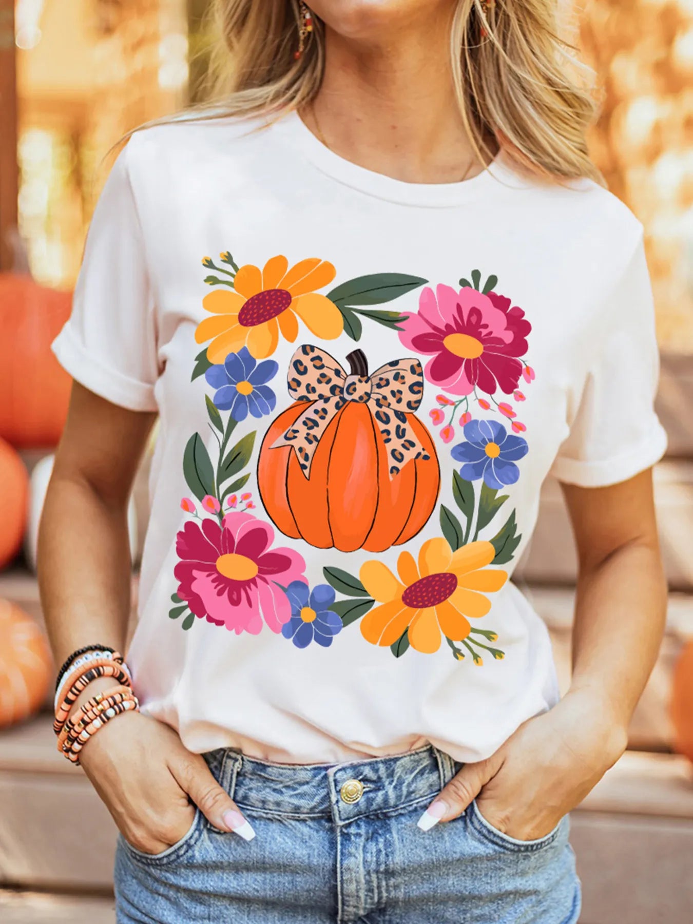 Pumpkin Floral Graphic Round Neck T-Shirt â€“ Soft Stretch & Everyday Style