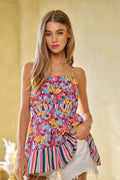 Davi & Dani Floral Smocked Sleeveless Top with Ruffle Back Tie Dusty Pink