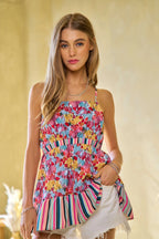 Davi & Dani Floral Smocked Sleeveless Top with Ruffle Back Tie Dusty Pink