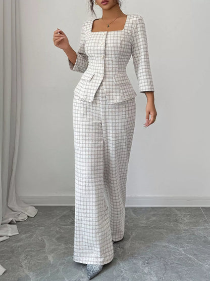 Plaid Square Neck Button-Up Top with Matching Pants Set