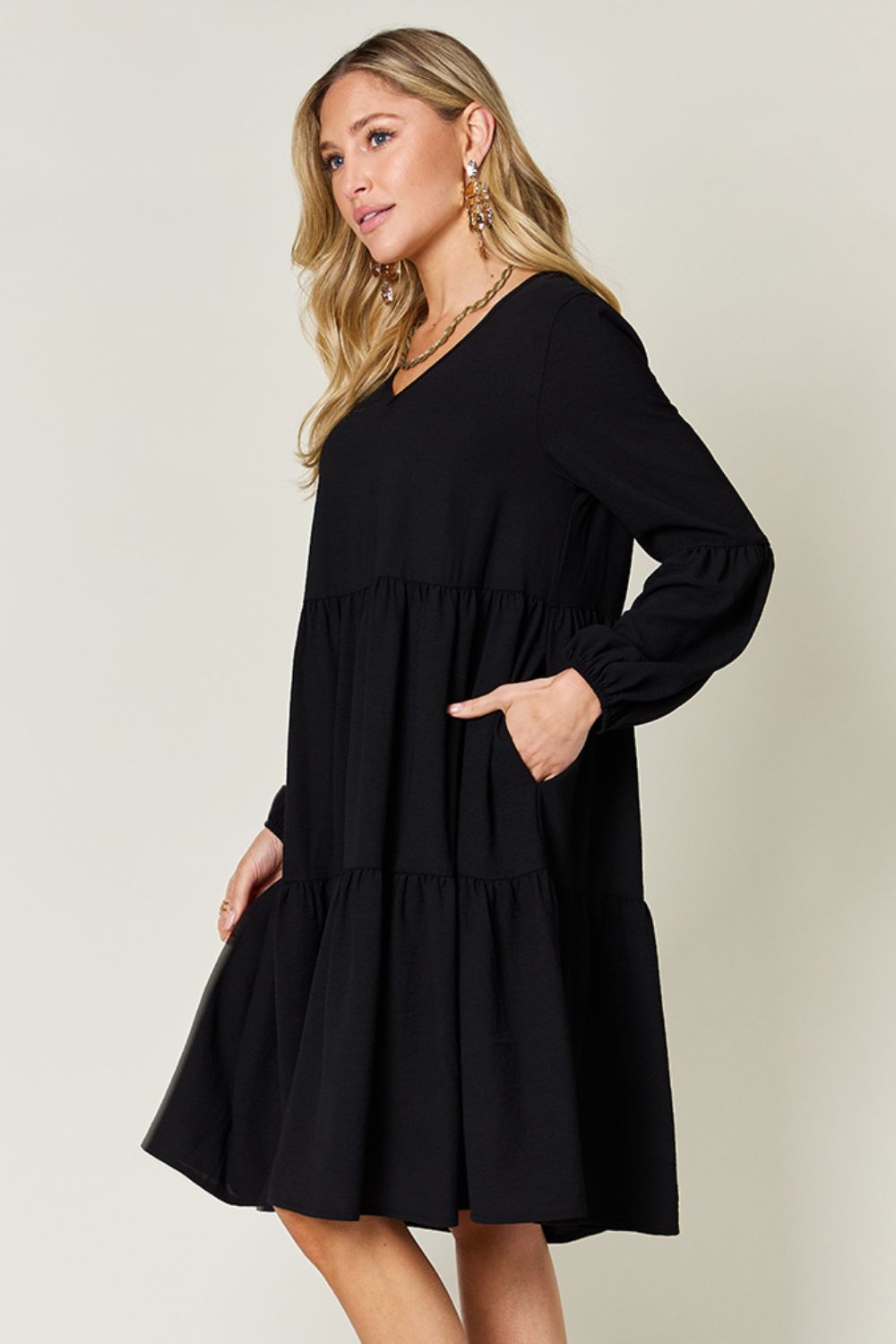 Full Size V-Neck Tiered Balloon Sleeve Dress with Pockets