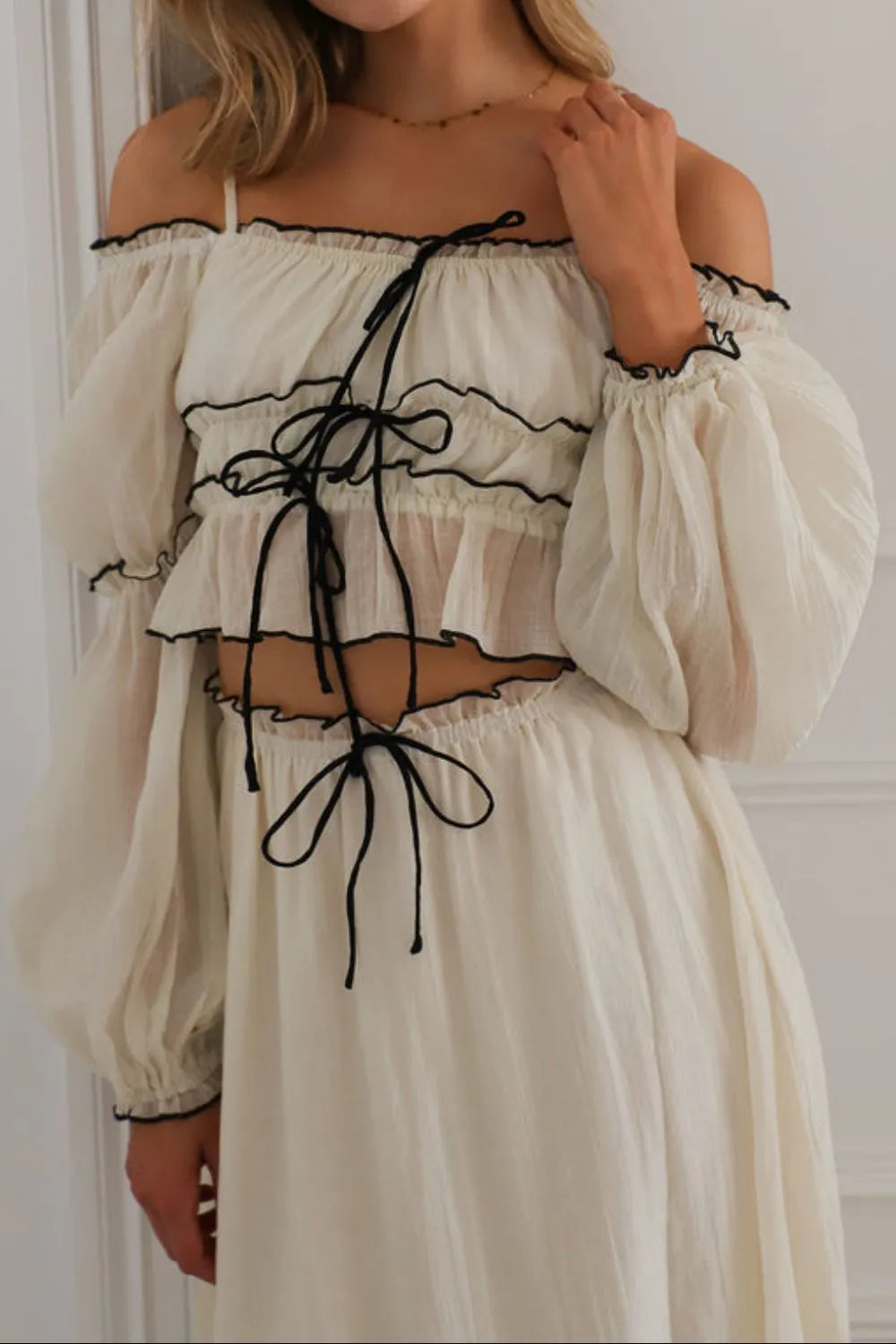 Off-Shoulder Ruffled Top and Ruched Skirt Set