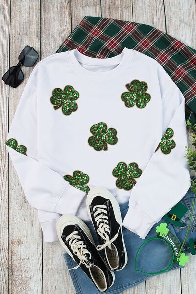 Sequin Lucky Clover Long Sleeve Crew Neck Sweatshirt