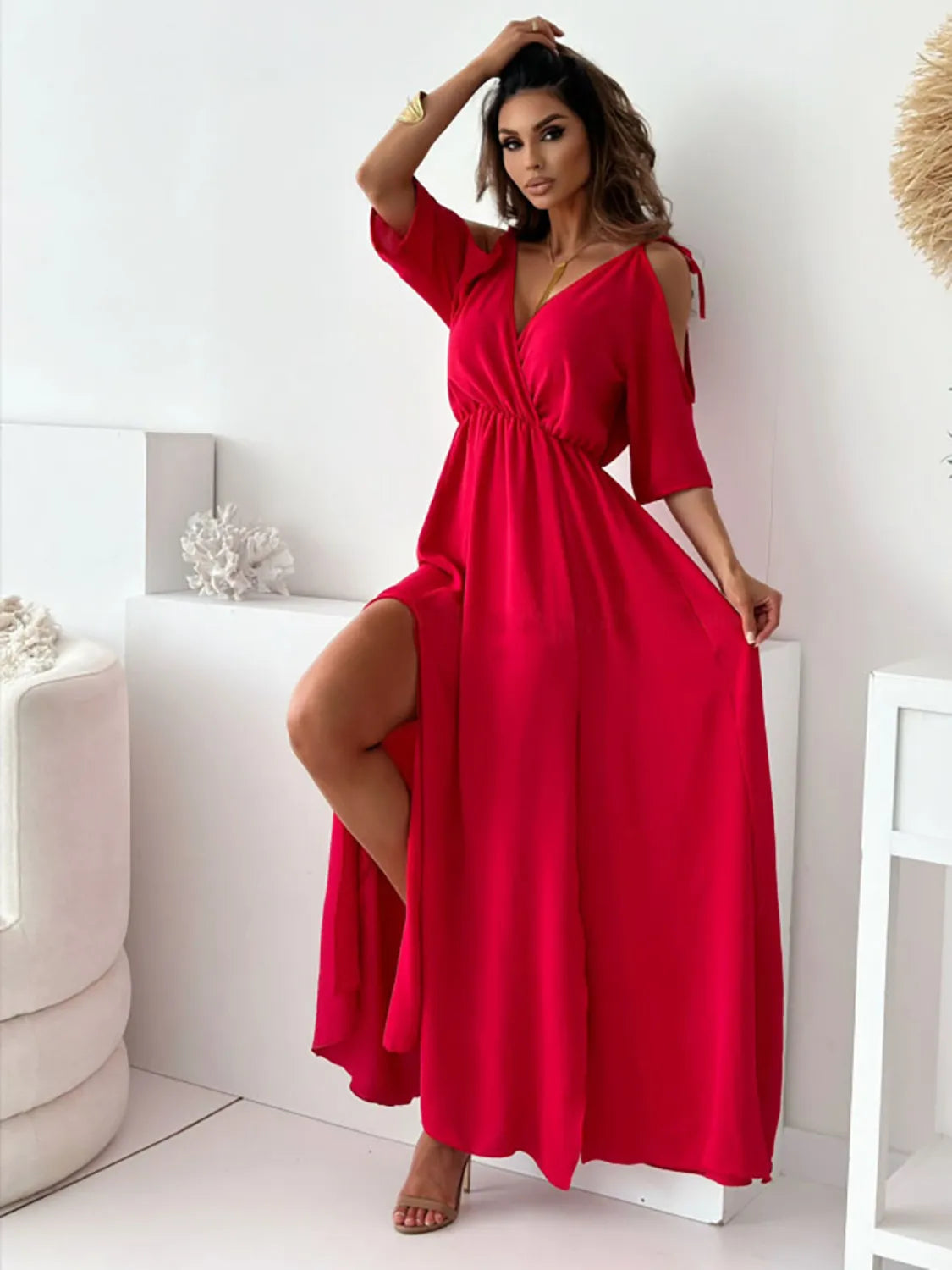 Tied Shoulder Slit Maxi Dress – Flowy & Feminine