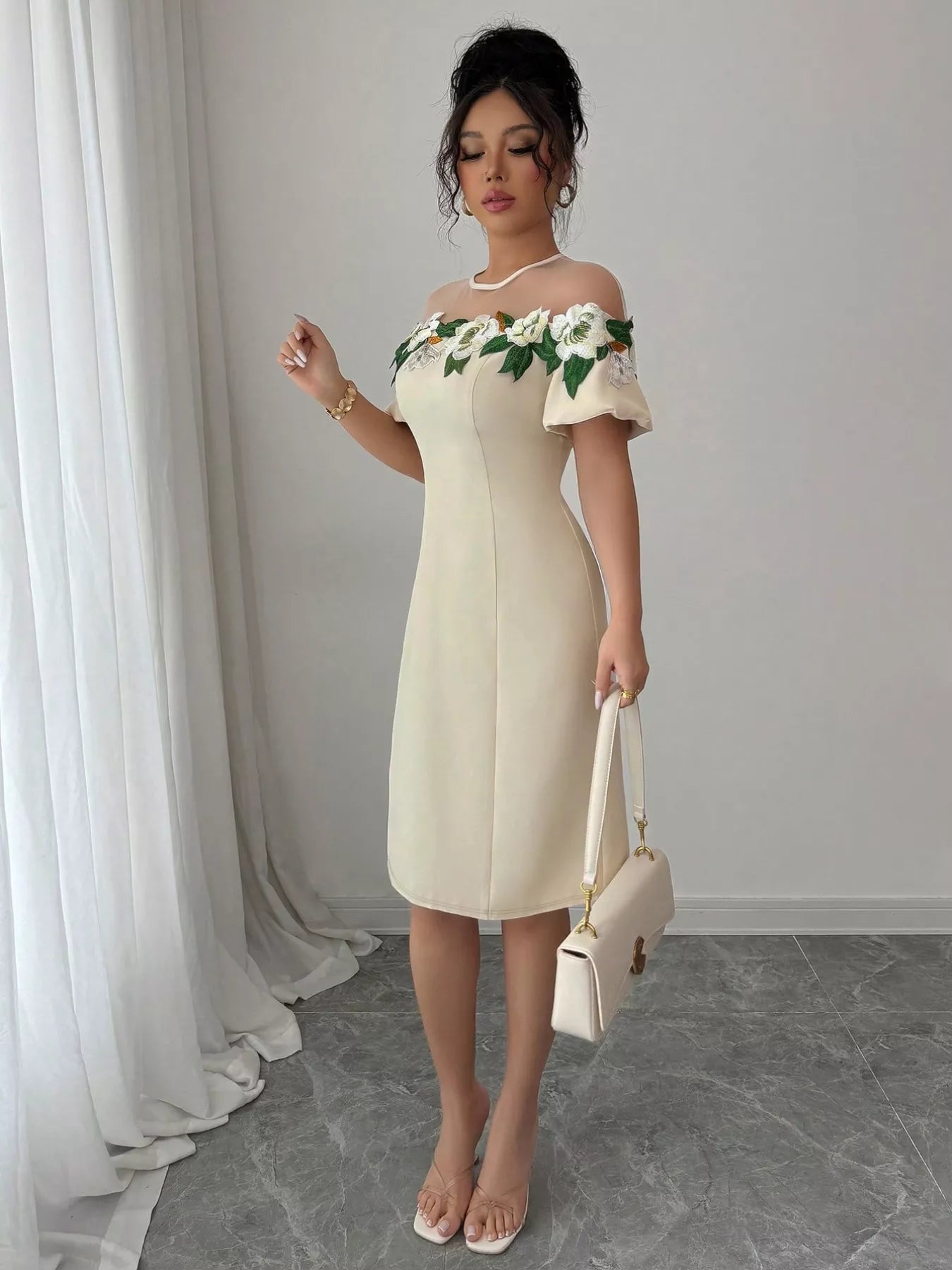 Floral Embroidered Puff Sleeve Dress with Mesh Shoulder