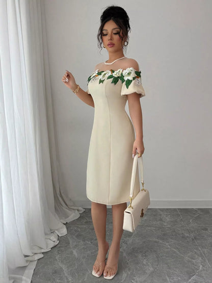 Floral Embroidered Puff Sleeve Dress with Mesh Shoulder