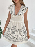 Romantic Smocked Ruffled Cap Sleeve Mini Dress Cream