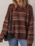 Ethnic Pattern Mohair Knit Oversized Drop Shoulder Sweater