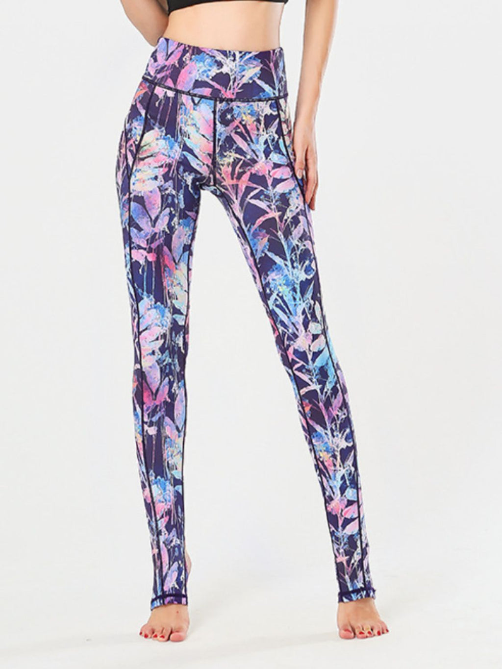 Printed Wide Waistband Active Leggings with Stirrups - High Stretch & Stylish