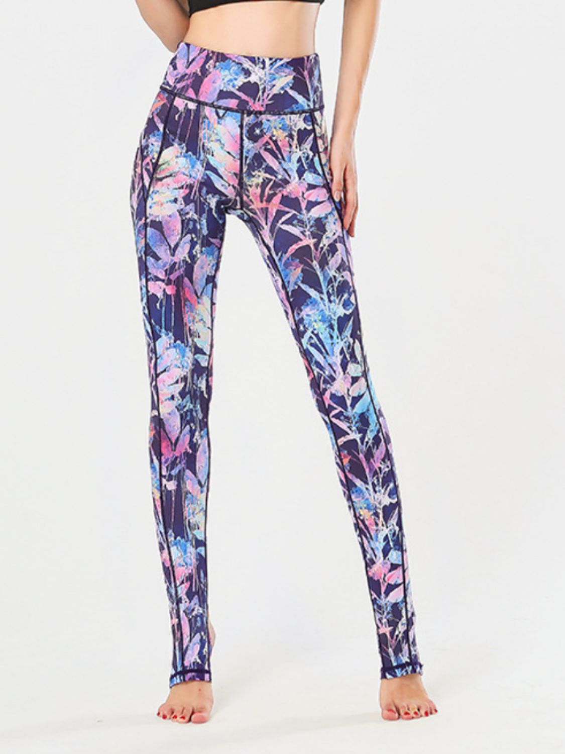 Printed Wide Waistband Active Leggings with Stirrups - High Stretch & Stylish