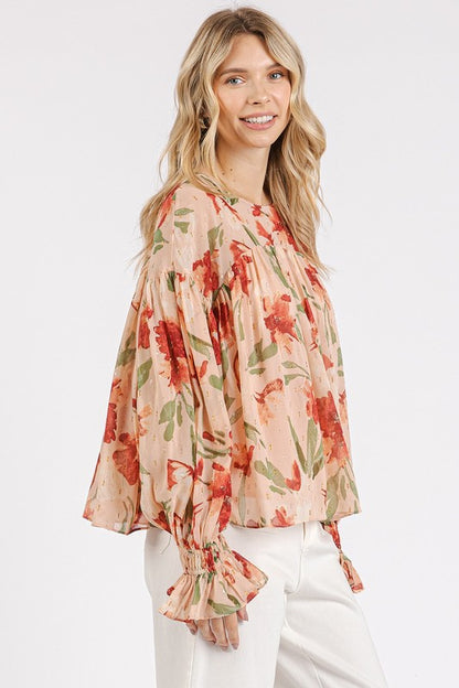 Mittoshop Floral Round Neck Ruffled Sleeve Blouse