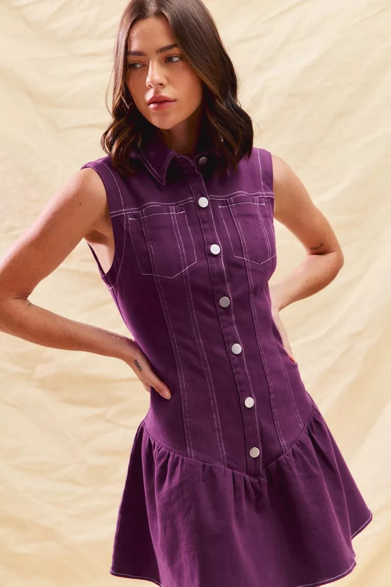 SO ME Sleeveless Collared Button-Down Mini Dress
