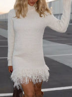 Fringe Detail Turtleneck Long Sleeve Sweater Dress
