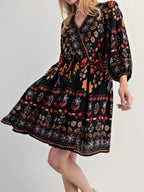 Bohemian Floral Print Ruched Long Sleeve Pocketed Mini Dress