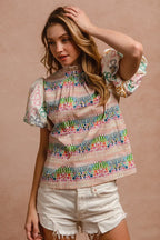 BiBi Ruffle Neckline Blouse With Embroidery Bubble Sleeve