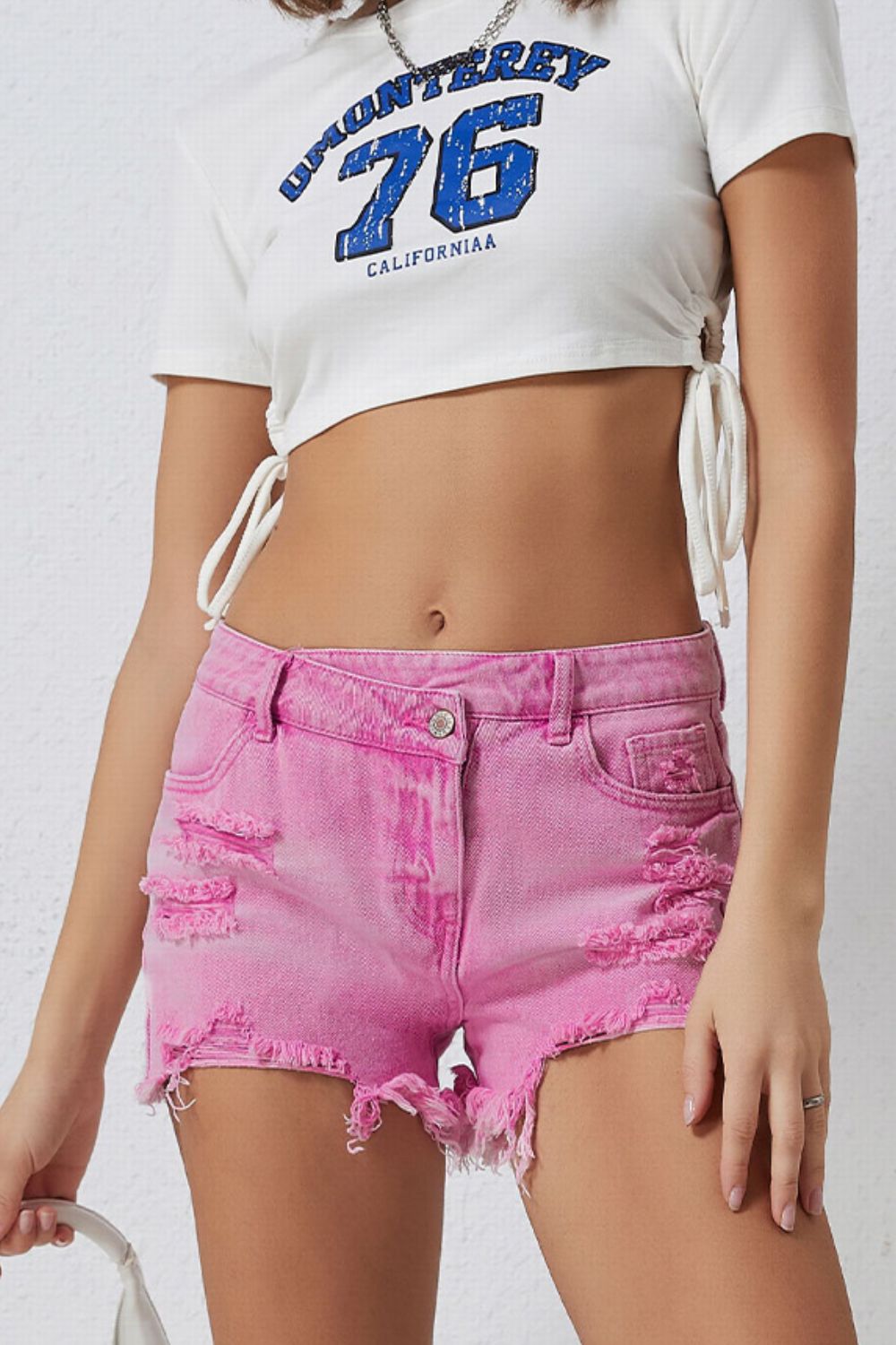 High-Rise Crossover Waist Denim Shorts - Distressed & Stylish