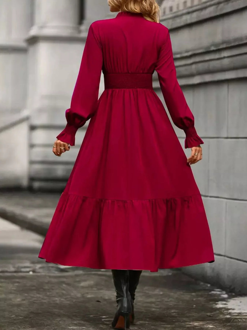 Elegant Ruched Surplice Long Sleeve Tiered Midi Dress