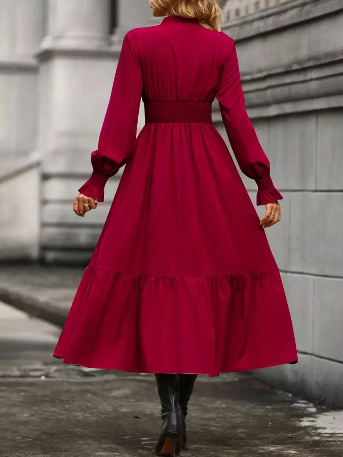 Elegant Ruched Surplice Long Sleeve Tiered Midi Dress