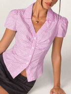 Striped Short Sleeve Button-Up Shirt with Collared Neck