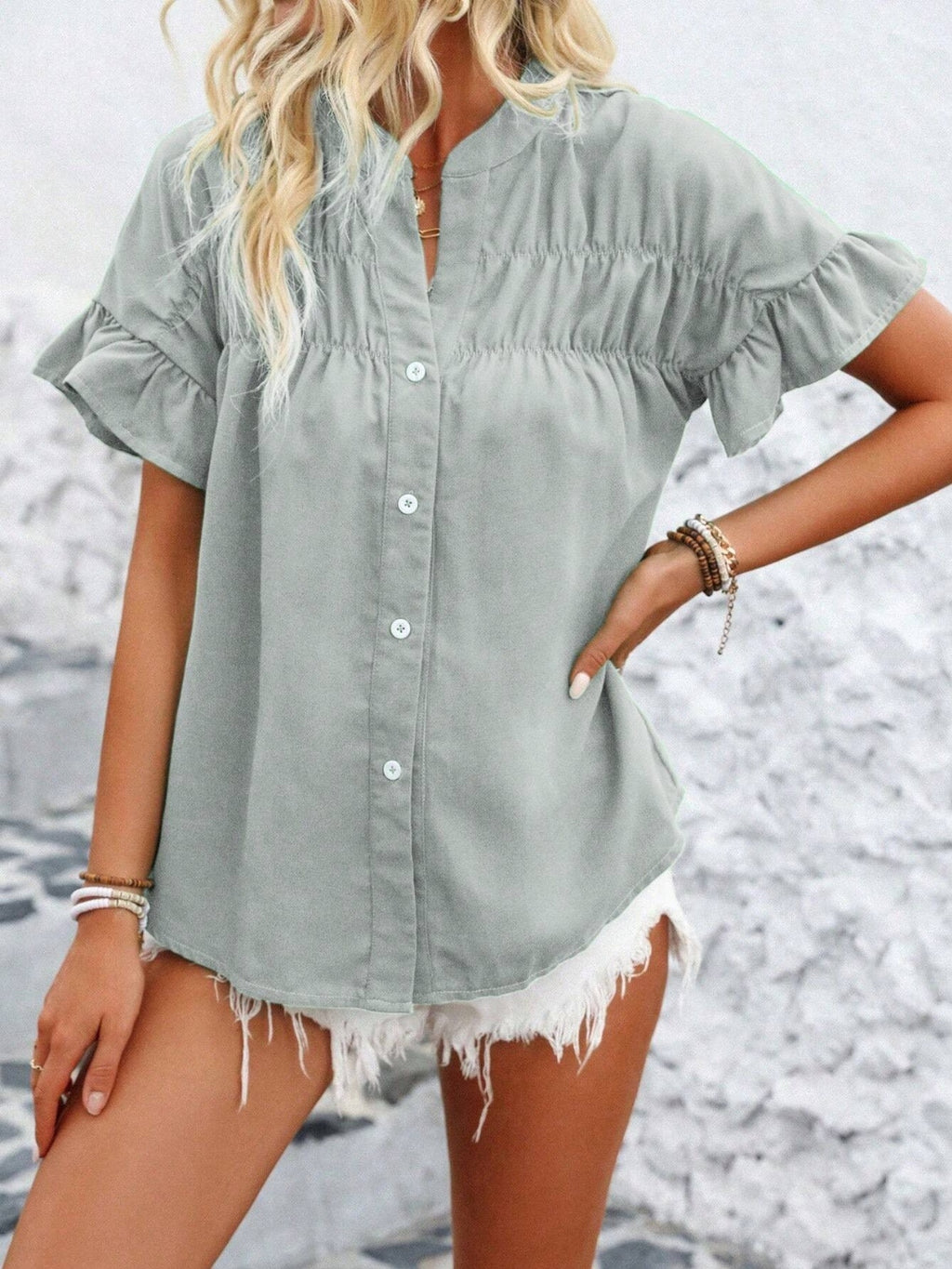 Button Down Ruffled Short Sleeve Shirt - Chic & Elegant