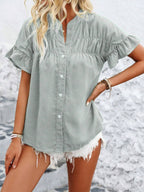 Button Down Ruffled Short Sleeve Shirt - Chic & Elegant