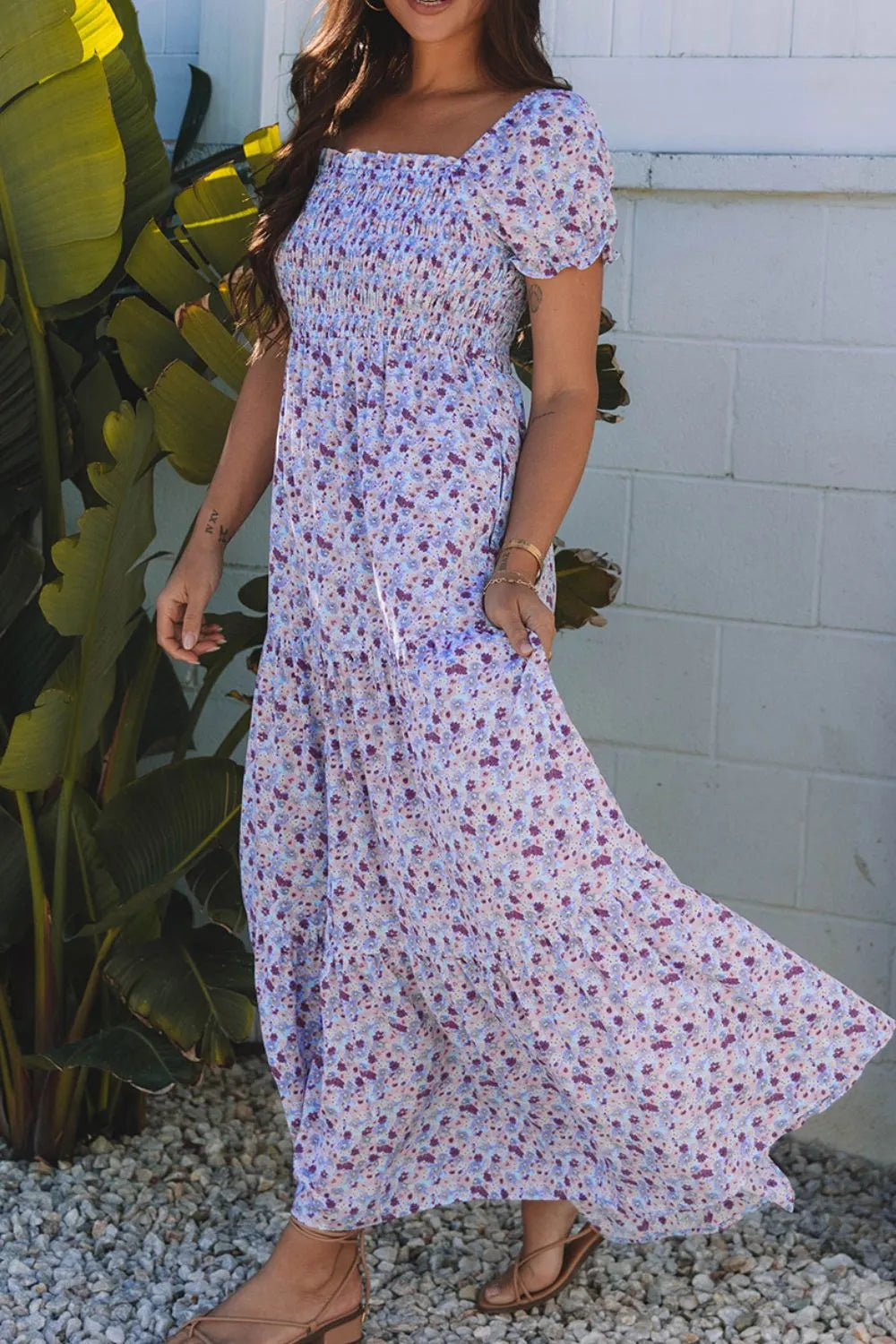 Floral Tiered Maxi Dress - Shirred Waist Elegance