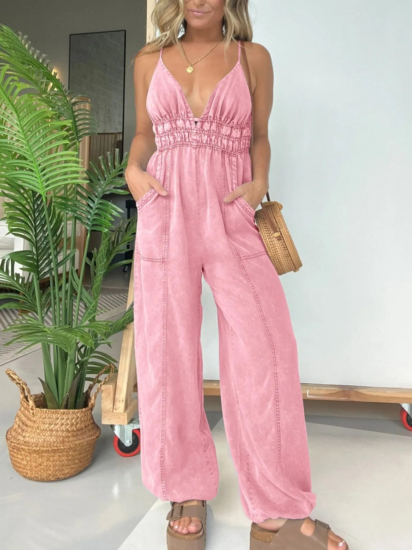 Full Size Wide-Leg Spaghetti Strap Jumpsuit – Plus Size Pink