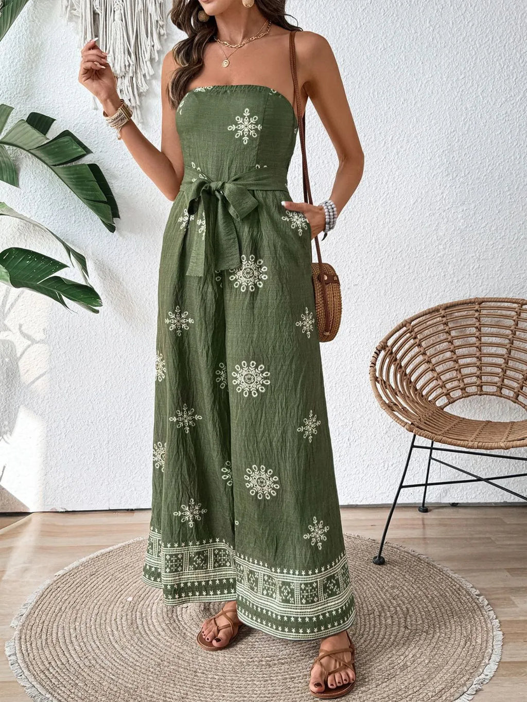 Breeze Printed Wide-Leg Tube Jumpsuit Matcha Green
