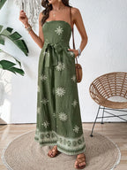 Breeze Printed Wide-Leg Tube Jumpsuit Matcha Green